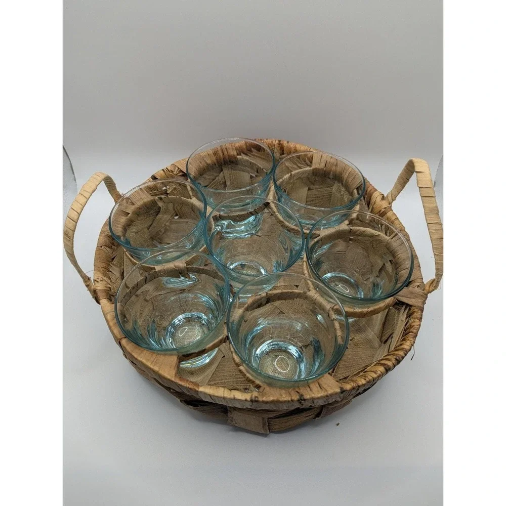 Vintage Libbey Aqua Blue Saturn Optic Ripple Glassware Set With Basket Carrier